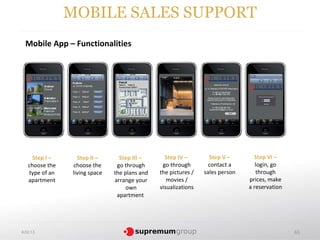 MOBILE SALES SUPPORT
  Mobile App – Functionalities




     Step I –      Step II –      Step III –      Step IV –        Step V –       Step VI –
   choose the    choose the      go through      go through        contact a       login, go
   type of an    living space   the plans and   the pictures /   sales person      through
   apartment                    arrange your       movies /                     prices, make
                                     own        visualizations                  a reservation
                                 apartment




4.02.13                                                                                         65
 