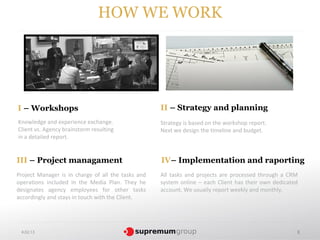 HOW WE WORK




I – Workshops                                       II – Strategy and planning
Knowledge and experience exchange.                  Strategy is based on the workshop report.
Client vs. Agency brainstorm resulting              Next we design the timeline and budget.
in a detailed report.


III – Project managament                            IV– Implementation and raporting
Project Manager is in charge of all the tasks and   All tasks and projects are processed through a CRM
operations included in the Media Plan. They he      system online – each Client has their own dedicated
designates agency employees for other tasks         account. We usually report weekly and monthly.
accordingly and stays in touch with the Client.




 4.02.13                                                                                              8
 