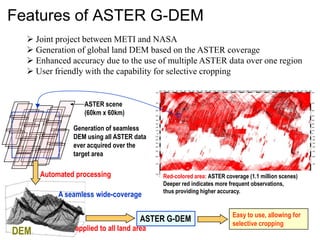 Features of ASTER G-DEM
 Joint project between METI and NASA
 Generation of global land DEM based on the ASTER coverage
 Enhanced accuracy due to the use of multiple ASTER data over one region
 User friendly with the capability for selective cropping

ASTER scene
(60km x 60km)
Generation of seamless
DEM using all ASTER data
ever acquired over the
target area

Automated processing
A seamless wide-coverage

Red-colored area: ASTER coverage (1.1 million scenes)
Deeper red indicates more frequent observations,
thus providing higher accuracy.

ASTER G-DEM

DEM

applied to all land area

Easy to use, allowing for
selective cropping

 