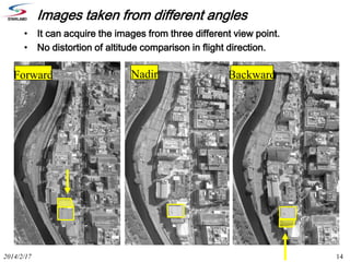 Images taken from different angles
• It can acquire the images from three different view point.
• No distortion of altitude comparison in flight direction.

Forward

2014/2/17

Nadir

Backward

14

 
