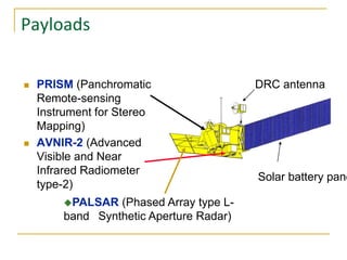 Payloads




PRISM (Panchromatic
Remote-sensing
Instrument for Stereo
Mapping)
AVNIR-2 (Advanced
Visible and Near
Infrared Radiometer
type-2)
PALSAR

(Phased Array type Lband Synthetic Aperture Radar)

DRC antenna

Solar battery pane

 
