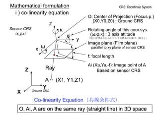 Mathematical formulation
i ) co-linearity equation

CRS: Coordinate System

O: Center of Projection (Focus p.)
(X0,Y0,Z0) : Ground CRS

z
κ

Sensor CRS
（x,y,z）

φ

Rotating angle of this coor.sys.
(ω,φ,κ) : 3 axis attitude

y

x ω

（地上座標系からみたセンサ座標系の回転角（傾き））

Image plane (Film plane)
parallel to xy plane of sensor CRS

f: focal length

Z

X

Ai (Xa,Ya,-f): Image point of A
Based on sensor CRS

Ray
A
Y

(X1, Y1,Z1)

Ground CRS

Co-linearity Equation（共線条件式）
O, Ai, A are on the same ray (straight line) in 3D space

 