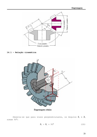 Engrenagens 
20 
14.1 - Relação cinemática 
Observa-se que para eixos perpendiculares, os ângulos d1 e d2 
somam 90°: 
d1 + d2 = 90° (16) 
 