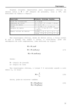 Engrenagens 
Algumas relações importantes para engrenagens cônicas de 
dentes retos e q = 20° (ângulo de pressão), eixo a 90°, são 
mostrados na tabela a seguir: 
Wt = (18) 
21 
Descrição Fórmula (Sistema Inglês) 
Razão de transmissão mg = Ng/Np 
Addendum da coroa Ag = 0.54 / P + 0.46 / (P.mn) 
Altura do dente H = 2.0 / P 
Folga C = 0.188 / P + 0.002 in 
Largura do dente F = Ao / 3 ou 10 / P (usar 
o menor) 
Número mínimo de dentes Pinhão 16 15 14 13 
Coroa 16 17 20 30 
Nas engrenagens cônicas, mesmo de dentes retos, a força normal 
W que o pinhão faz sobre a coroa, e vice-versa, pode ser 
decomposta em três componentes, como mostrado na figura. 
Wt =W.cosq 
Wr =W.sinq .cosg (17) 
Wa =W.senq .seng 
Sendo: 
q = ângulo de pressão 
g = ângulo do cone 
Nas engrenagens cônicas, o torque T é calculado usando a raio 
médio rm, ou seja: 
T 
m r 
Assim, pode-se escrever também: 
Wr =Wt.tgq cosg (19) 
Wa =W.tgq seng 
 