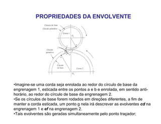 PROPRIEDADES DA ENVOLVENTEPROPRIEDADES DA ENVOLVENTE
•Imagine-se uma corda seja enrolada ao redor do círculo de base da
engrenagem 1, esticada entre os pontos a e b e enrolada, em sentido anti-
horário, ao redor do círculo de base da engrenagem 2.
•Se os círculos de base forem rodados em direções diferentes, a fim de
manter a corda esticada, um ponto g nela irá descrever as evolventes cd na
engrenagem 1 e ef na engrenagem 2.
•Tais evolventes são geradas simultaneamente pelo ponto traçador;
 