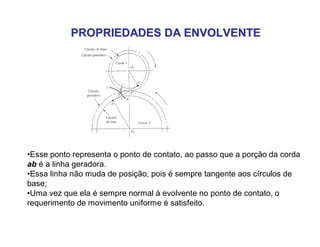 PROPRIEDADES DA ENVOLVENTEPROPRIEDADES DA ENVOLVENTE
•Esse ponto representa o ponto de contato, ao passo que a porção da corda
ab é a linha geradora.
•Essa linha não muda de posição, pois é sempre tangente aos círculos de
base;
•Uma vez que ela é sempre normal à evolvente no ponto de contato, o
requerimento de movimento uniforme é satisfeito.
 