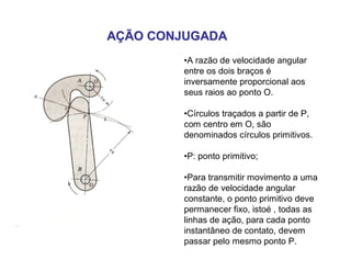 AÇÃO CONJUGADAAÇÃO CONJUGADA
•A razão de velocidade angular
entre os dois braços é
inversamente proporcional aos
seus raios ao ponto O.
•Círculos traçados a partir de P,
com centro em O, são
denominados círculos primitivos.
•P: ponto primitivo;
•Para transmitir movimento a uma
razão de velocidade angular
constante, o ponto primitivo deve
permanecer fixo, istoé , todas as
linhas de ação, para cada ponto
instantâneo de contato, devem
passar pelo mesmo ponto P.
 