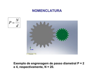 NOMENCLATURANOMENCLATURA
d
N
P 
Exemplo de engrenagem de passo diametral P = 2
e 4, respectivamente, N = 20.
 