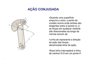 AÇÃO CONJUGADAAÇÃO CONJUGADA
•Quando uma superfície
empurra a outra, o ponto de
contato ocorre onde ambas são
tangentes entre si (ponto c), e
as forças em qualquer instante
são direcionadas ao longo da
normal comum ab
•Linha ab representa a direção
da ação das forças ,
denominada linha de ação.
•Essa linha interceptará a linha
de centros O-O em um ponto P.
 