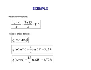 EXEMPLOEXEMPLO
in
dd gp
11
2
157
2




cosrrb 
Distância entre centros:
Raios do círculo de base:
inpinhãorb 16,325cos
2
7
)(  
incoroarb 79,625cos
2
15
)(  
 