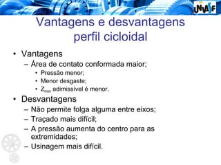 Vantagens e desvantagens
perfil cicloidal
• Vantagens
– Área de contato conformada maior;
• Pressão menor;
• Menor desgaste;
• Zmin adimissível é menor.
• Desvantagens
– Não permite folga alguma entre eixos;
– Traçado mais difícil;
– A pressão aumenta do centro para as
extremidades;
– Usinagem mais difícil.
 