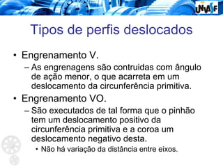 Tipos de perfis deslocados
• Engrenamento V.
– As engrenagens são contruidas com ângulo
de ação menor, o que acarreta em um
deslocamento da circunferência primitiva.
• Engrenamento VO.
– São executados de tal forma que o pinhão
tem um deslocamento positivo da
circunferência primitiva e a coroa um
deslocamento negativo desta.
• Não há variação da distância entre eixos.
 