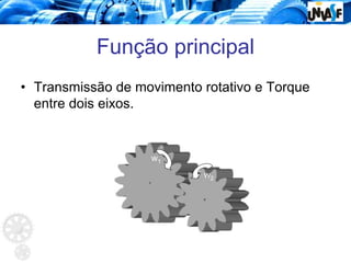 Função principal
• Transmissão de movimento rotativo e Torque
entre dois eixos.
w2
w1
 