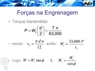 Forças na Engrenagem
• Torque transmitido:
• sendo: então:
• Logo: 
2 63,000
t
d T n
P W
⎛ ⎞
= =
⎜ ⎟
⎝ ⎠
t
t
v
P
W
000
,
33
=
12
n
d
vt
π
=
φ
cos
t
r
W
W =
φ
tan
t
W
W =
 