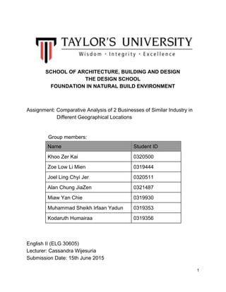  
 
 
 
SCHOOL OF ARCHITECTURE, BUILDING AND DESIGN  
THE DESIGN SCHOOL 
FOUNDATION IN NATURAL BUILD ENVIRONMENT  
 
 
      
Assignment: Comparative Analysis of 2 Businesses of Similar Industry in  
                     Different Geographical Locations 
 
 
              ​   Group members:  
Name  Student ID 
Khoo Zer Kai  0320500 
Zoe Low Li Mien  0319444 
Joel Ling Chyi Jer  0320511 
Alan Chung JiaZen  0321487 
Miaw Yan Chie  0319930 
Muhammad Sheikh Irfaan Yadun  0319353 
Kodaruth Humairaa  0319356 
 
 
     
English II (ELG 30605) 
Lecturer: Cassandra Wijesuria  
Submission Date: 15th June 2015 
1 
 