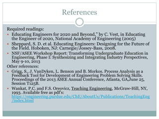 References
Required readings:
 Educating Engineers for 2020 and Beyond,” by C. Vest, in Educating
the Engineer of 2020, National Academy of Engineering (2005)
 Sheppard, S. D. et al. Educating Engineers: Designing for the Future of
the Field. Hoboken, NJ: Carnegie/Jossey-Bass, 2008.
 NSF/ASEE Workshop Report: Transforming Undergraduate Education in
Engineering, Phase I: Synthesizing and Integrating Industry Perspectives,
May 9-10, 2013
Other references:
 Grigg, S., J. VanDyken, L. Benson and B. Morkos. Process Analysis as a
Feedback Tool for Development of Engineering Problem Solving Skills.
Proceedings of the 2013 ASEE Annual Conference, Atlanta, GA,June 25,
Session T125B.
 Wankat, P.C. and F.S. Oreovicz, Teaching Engineering, McGraw-Hill, NY,
1993. Available free as pdf’s:
https://engineering.purdue.edu/ChE/AboutUs/Publications/TeachingEng
/index.html
 
