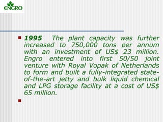    1995     The plant capacity was further
    increased to 750,000 tons per annum
    with an investment of US$ 23 milli...
