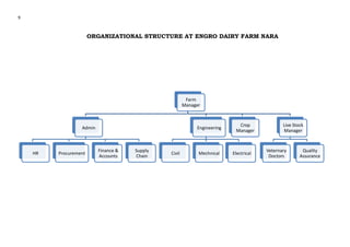 9

ORGANIZATIONAL STRUCTURE AT ENGRO DAIRY FARM NARA

Farm
Manager

Admin

HR

Procurement

Engineering

Finance &
Accounts

Supply
Chain

Civil

Mechnical

Crop
Manager

Electrical

Live Stock
Manager

Veternary
Doctors

Quality
Assurance

 