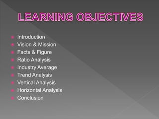 Introduction
 Vision & Mission
 Facts & Figure
 Ratio Analysis
 Industry Average
 Trend Analysis
 Vertical Analysis
 Horizontal Analysis
 Conclusion
 