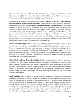 However when compared to Pakistan, Hofstede dimensions clearly prove that Russia and
Pakistan are quite different to each other in terms of cultural dimensions. So this means we have
to be aware about Russian culture before making entry in this market.

Russia’s highest Hofstede Dimension is Uncertainty Avoidance (UAI) is 95, indicating the
society’s low level of tolerance for uncertainty. As a result of this high Uncertainty Avoidance
characteristic, the society does not readily accept change and is very risk averse In an effort to
minimize or reduce this level of uncertainty, strict rules, regulations, laws, and policies are
adopted and implemented. The ultimate goal would be to control everything in order to eliminate
or avoid the unexpected. Therefore, Engro fertilizer has to be extremely careful with this. As the
Russian culture depicts that they believe in facts and figure and they believe in power of
legitimacy, so we have to provide them authenticated facts and figures and persuade them about
future prospect. Everything should be mentioned during meeting and agreement and there should
be no hidden clause, to reduce their uncertainty avoidance level.

Power distance index PDI is around 93, indicating that Russian obeys orders of their
superiors, companies follow centralized decision making and tall organization structures (many
levels of management). Russians prefer autocratic or majority rule decision making and are
reluctant to trust one another. On other side in Pakistan (Power distance index) PDI is 55,
indicating moderate structure it varies from organization to organization, some follow centralize
decisions or vice versa. Therefore, Engro Fertilizer has to give authority to their partners in
Russia and deal with the top management.

Masculinity culture dimension index of both countries indicates that they give more
importance on value tradition, belonging and family. This shows that Russian are concerned with
others, they have strong feelings and empathy towards others, where as Pakistan is in between
the scale. Therefore Engro Fertilizer management has to give importance to both the dimensions
and not to just earning, advancement and wealth. For their success, Engro Fertilizer has to be
making strong long term relationships with their counter parts along with the societal and
economic development.

Individualism score in Russia is around 39 which shows that Russian give salaries and
promotions on the basis of seniority. People of Russia value group, cooperation and satisfaction,
which is further higher in Pakistan as individualism score is 14. Results showed a surprising
level of individualism in the respondents from CEE; those from Hungary, Czechoslovakia,
Poland, Bulgaria, Romania and Russia all scoring in the top quartile for individualism. Russian is
a collectivism society, where promotions, advancement and earnings are based on seniority and
people look after each other in return of loyalty. So, the Engro Fertilizer has to considered this in
the HR policy and the procedures has to be formed on the basis of this ,objectives and targets


                                                                                                  13
 