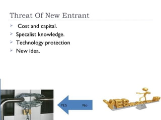 Threat Of New Entrant
    Cost and capital.
   Specalist knowledge.
   Technology protection
   New idea.
 