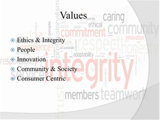 Values
 Ethics & Integrity
 People
 Innovation
 Community & Society
 Consumer Centric
 