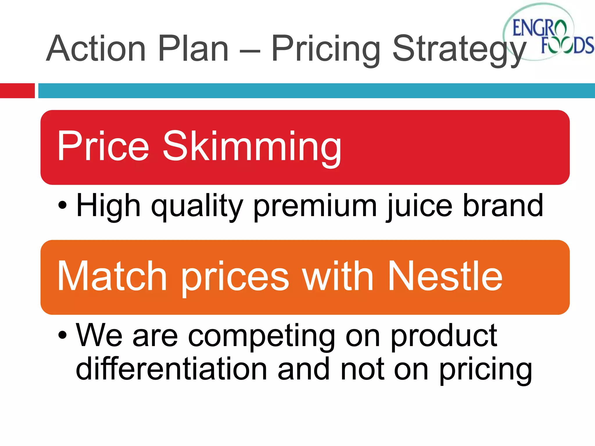 Action Plan – Pricing Strategy

Price Skimming
• High quality premium juice brand

Match prices with Nestle
• We are competing on product
differentiation and not on pricing

 