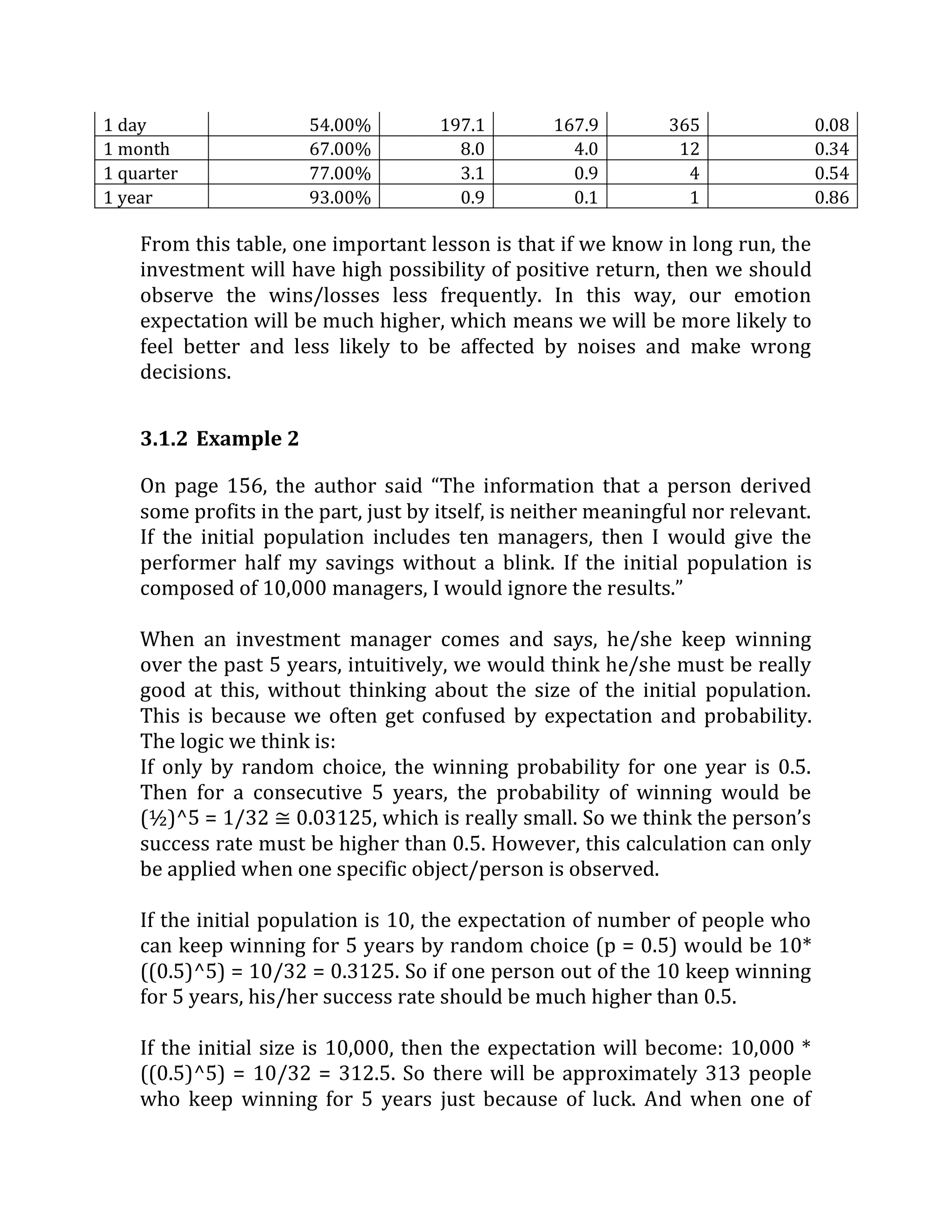 1 day 
54.00% 
197.1 
167.9 
365 
0.08 
1 month 
67.00% 
8.0 
4.0 
12 
0.34 
1 quarter 
77.00% 
3.1 
0.9 
4 
0.54 
1 year 
93.00% 
0.9 
0.1 
1 
0.86 
From this table, one important lesson is that if we know in long run, the investment will have high possibility of positive return, then we should observe the wins/losses less frequently. In this way, our emotion expectation will be much higher, which means we will be more likely to feel better and less likely to be affected by noises and make wrong decisions. 
3.1.2 Example 2 
On page 156, the author said “The information that a person derived some profits in the part, just by itself, is neither meaningful nor relevant. If the initial population includes ten managers, then I would give the performer half my savings without a blink. If the initial population is composed of 10,000 managers, I would ignore the results.” 
When an investment manager comes and says, he/she keep winning over the past 5 years, intuitively, we would think he/she must be really good at this, without thinking about the size of the initial population. This is because we often get confused by expectation and probability. The logic we think is: 
If only by random choice, the winning probability for one year is 0.5. Then for a consecutive 5 years, the probability of winning would be (½)^5 = 1/32 ≅ 0.03125, which is really small. So we think the person’s success rate must be higher than 0.5. However, this calculation can only be applied when one specific object/person is observed. 
If the initial population is 10, the expectation of number of people who can keep winning for 5 years by random choice (p = 0.5) would be 10* ((0.5)^5) = 10/32 = 0.3125. So if one person out of the 10 keep winning for 5 years, his/her success rate should be much higher than 0.5. 
If the initial size is 10,000, then the expectation will become: 10,000 * ((0.5)^5) = 10/32 = 312.5. So there will be approximately 313 people who keep winning for 5 years just because of luck. And when one of  