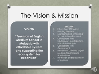 The Vision & Mission
                                      MISSION
      VISION            1.   International Standard
                        2.   Funding Platform
                        3.   Managing and Enhancing
“Provision of English        School System-Standard
                        4.   Collaborate with
 Medium School in            EduPreneurs in establishing
   Malaysia with             schools in Malaysia
                        5.   Collaborate with
 affordable system           Government
and supporting the      6.   Provision of Certified English
                             Medium Teachers and
  eco-system for             Administrator
     expansion”         7.   Promotion and recruitment
                             of students
 