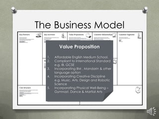 The Business Model

          Value Proposition

  1.   Affordable English Medium School.
  2.   Compliant to International Standard
       e.g. IB, GCSE
  3.   Incorporating BM , Mandarin & other
       language option
  4.   Incorporating Creative Discipline
       e.g. Music, Arts, Design and Robotic
       Science
  5.   Incorporating Physical Well-Being –
       Gymnast, Dance & Martial Arts
 