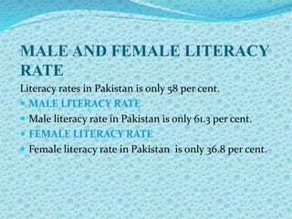 MALE AND FEMALE LITERACY
RATE
Literacy rates in Pakistan is only 58 per cent.
 MALE LITERACY RATE
 Male literacy rate in Pakistan is only 61.3 per cent.
 FEMALE LITERACY RATE
 Female literacy rate in Pakistan is only 36.8 per cent.
 