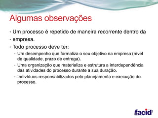 Algumas observações 
• Um processo é repetido de maneira recorrente dentro da 
• empresa. 
• Todo processo deve ter: 
• Um desempenho que formaliza o seu objetivo na empresa (nível 
de qualidade, prazo de entrega). 
• Uma organização que materializa e estrutura a interdependência 
das atividades do processo durante a sua duração. 
• Indivíduos responsabilizados pelo planejamento e execução do 
processo. 
 