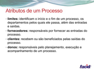 Atributos de um Processo 
• limites: identificam o início e o fim de um processo, os 
departamentos pelos quais ele passa, além das entradas 
e saídas. 
• fornecedores: responsáveis por fornecer as entradas do 
processo. 
• clientes: recebem ou são beneficiados pelas saídas do 
processo. 
• donos: responsáveis pelo planejamento, execução e 
acompanhamento de um processo. 
 