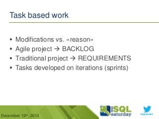 Task based work





Modifications vs. «reason»
Agile project  BACKLOG
Traditional project  REQUIREMENTS
Tasks developed on iterations (sprints)

December 13th, 2013

#sqlsat264

 