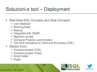 Soluzioni e tool – Deployment
 Red-Gate SQL Compare and Data Compare








Live database
Working folder
Backup
Integrated with SSMS
Migration scripts
Compare Projects customization
Two kind of projects for Data and Structures (DDL)

 Deploy from:





Compare project (DDL)
Compare project (Data)
Script folder
Nuget

December 13th, 2013

#sqlsat264

 