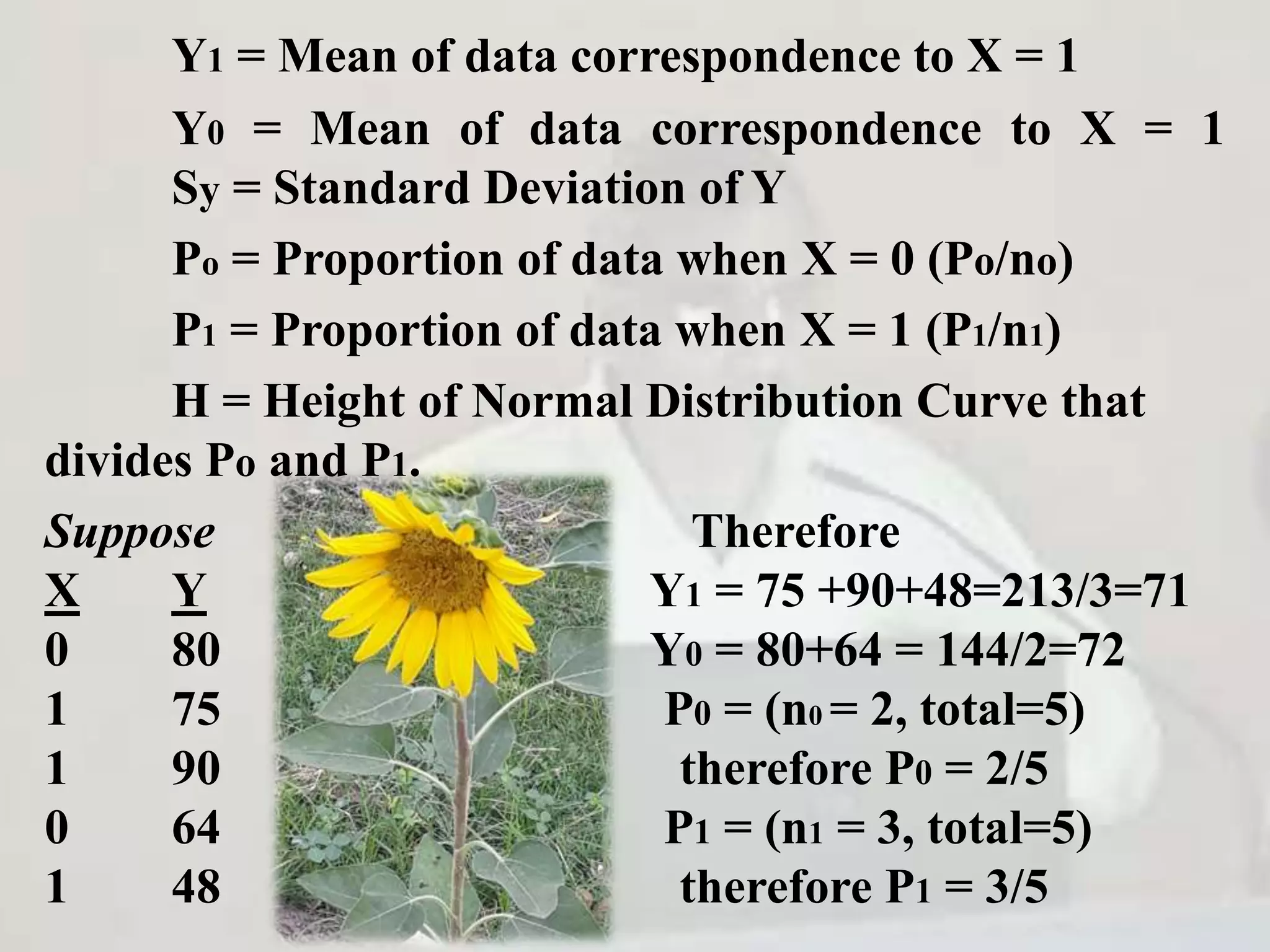 Y1 = Mean of data correspondence to X = 1
Y0 = Mean of data correspondence to X = 1
Sy = Standard Deviation of Y
Po = Proportion of data when X = 0 (Po/no)
P1 = Proportion of data when X = 1 (P1/n1)
H = Height of Normal Distribution Curve that
divides Po and P1.
Suppose Therefore
X Y Y1 = 75 +90+48=213/3=71
0 80 Y0 = 80+64 = 144/2=72
1 75 P0 = (n0 = 2, total=5)
1 90 therefore P0 = 2/5
0 64 P1 = (n1 = 3, total=5)
1 48 therefore P1 = 3/5
 