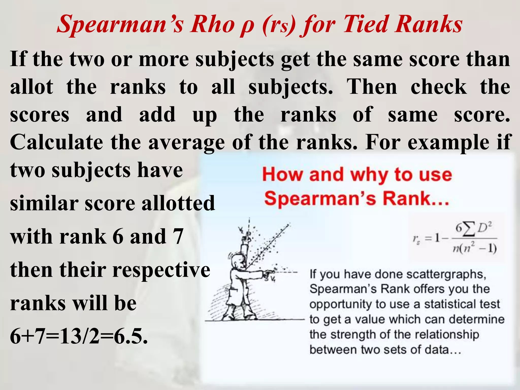 Spearman’s Rho ρ (rs) for Tied Ranks
If the two or more subjects get the same score than
allot the ranks to all subjects. Then check the
scores and add up the ranks of same score.
Calculate the average of the ranks. For example if
two subjects have
similar score allotted
with rank 6 and 7
then their respective
ranks will be
6+7=13/2=6.5.
 