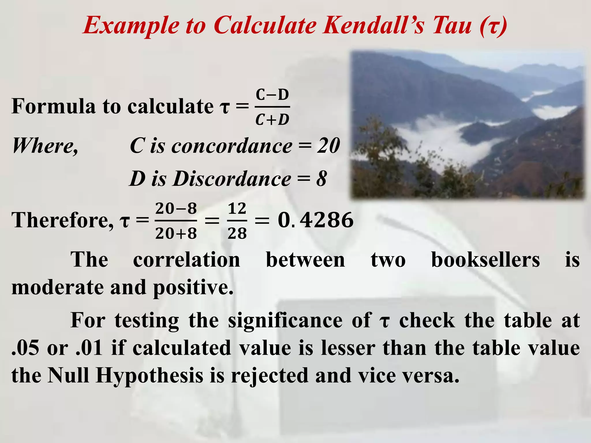 Example to Calculate Kendall’s Tau (τ)
Formula to calculate τ =
𝐂−𝐃
𝑪+𝑫
Where, C is concordance = 20
D is Discordance = 8
Therefore, τ =
𝟐𝟎−𝟖
𝟐𝟎+𝟖
=
𝟏𝟐
𝟐𝟖
= 𝟎. 𝟒𝟐𝟖𝟔
The correlation between two booksellers is
moderate and positive.
For testing the significance of τ check the table at
.05 or .01 if calculated value is lesser than the table value
the Null Hypothesis is rejected and vice versa.
 