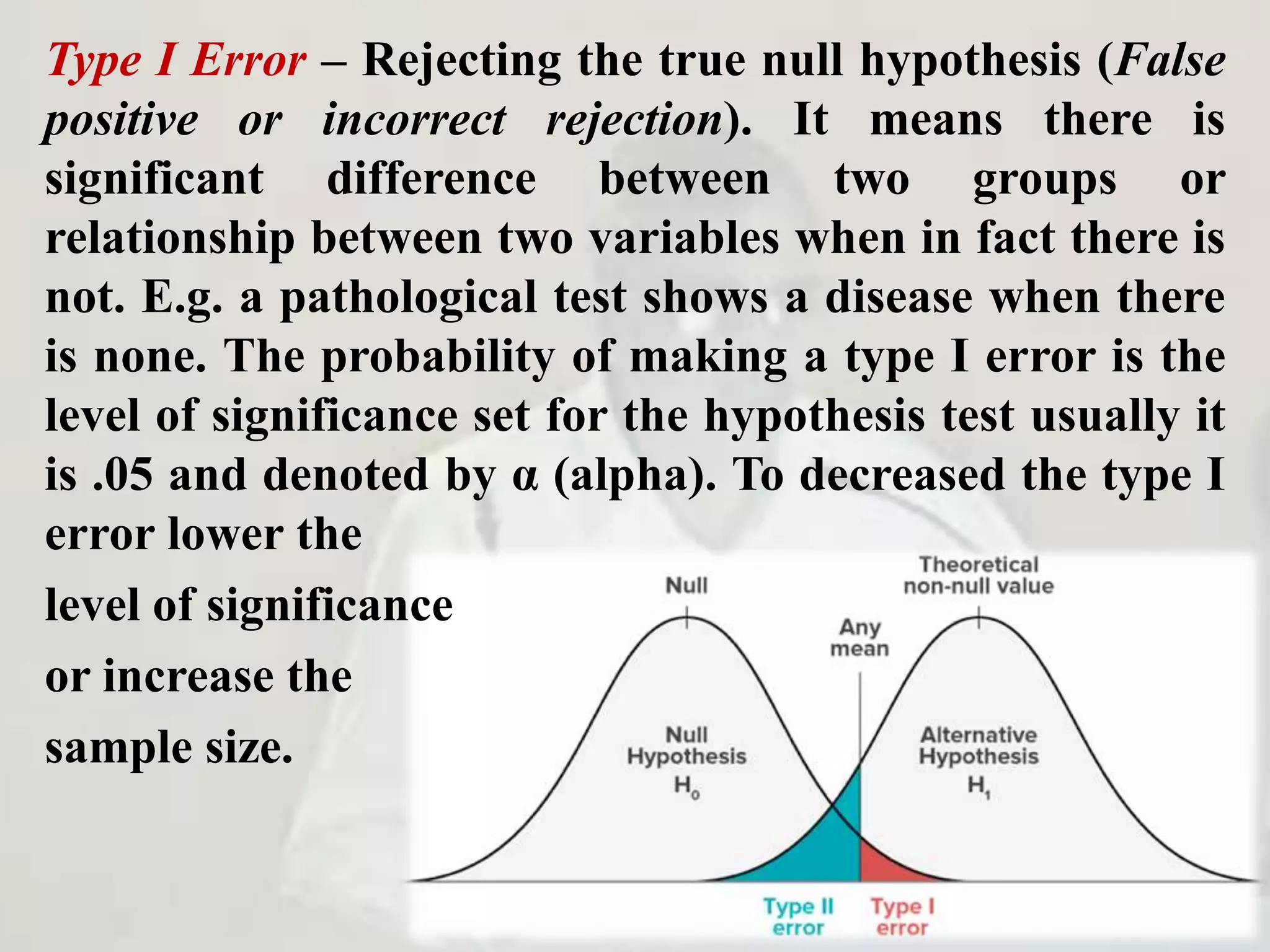 Type I Error – Rejecting the true null hypothesis (False
positive or incorrect rejection). It means there is
significant difference between two groups or
relationship between two variables when in fact there is
not. E.g. a pathological test shows a disease when there
is none. The probability of making a type I error is the
level of significance set for the hypothesis test usually it
is .05 and denoted by α (alpha). To decreased the type I
error lower the
level of significance
or increase the
sample size.
 