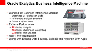 27 Copyright © 2011, Oracle and/or its affiliates. All rights
reserved.
Oracle Exalytics Business Intelligence Machine
• World‟s First Business Intelligence Machine
– Optimized BI Foundation Suite
– In-memory analytics software
– In-memory hardware
• Extreme Performance
– 20x faster analysis
– 16x faster what-if and forecasting
– 23x faster with Exadata
• Real-Time Visualization
• Works with Existing Data Sources, Exadata and Hyperion EPM Apps
 