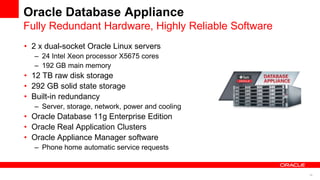 28
Oracle Database Appliance
Fully Redundant Hardware, Highly Reliable Software
• 2 x dual-socket Oracle Linux servers
– 24 Intel Xeon processor X5675 cores
– 192 GB main memory
• 12 TB raw disk storage
• 292 GB solid state storage
• Built-in redundancy
– Server, storage, network, power and cooling
• Oracle Database 11g Enterprise Edition
• Oracle Real Application Clusters
• Oracle Appliance Manager software
– Phone home automatic service requests
 