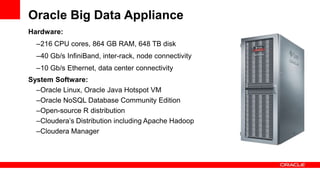 Oracle Big Data Appliance
Hardware:
–216 CPU cores, 864 GB RAM, 648 TB disk
–40 Gb/s InfiniBand, inter-rack, node connectivity
–10 Gb/s Ethernet, data center connectivity
System Software:
–Oracle Linux, Oracle Java Hotspot VM
–Oracle NoSQL Database Community Edition
–Open-source R distribution
–Cloudera‟s Distribution including Apache Hadoop
–Cloudera Manager
 