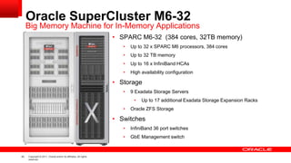 43 Copyright © 2011, Oracle and/or its affiliates. All rights
reserved.
Oracle SuperCluster M6-32
• SPARC M6-32 (384 cores, 32TB memory)
• Up to 32 x SPARC M6 processors, 384 cores
• Up to 32 TB memory
• Up to 16 x InfiniBand HCAs
• High availability configuration
• Storage
• 9 Exadata Storage Servers
• Up to 17 additional Exadata Storage Expansion Racks
• Oracle ZFS Storage
• Switches
• InfiniBand 36 port switches
• GbE Management switch
Big Memory Machine for In-Memory Applications
 