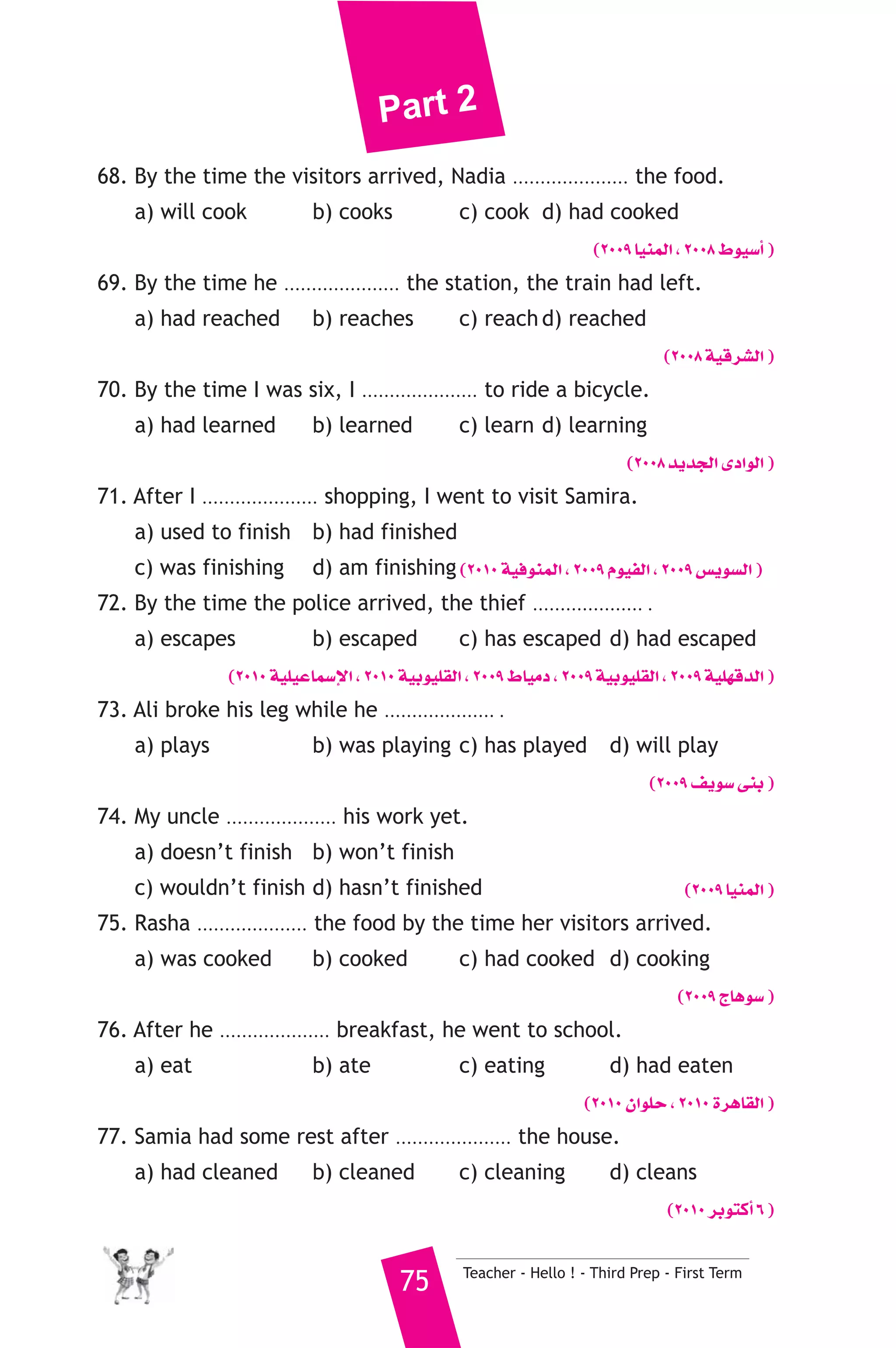 Part 2 
68. By the time the visitors arrived, Nadia ..................... the food. 
a) will cook b) cooks c) cook d) had cooked 
(2009 É«æªdG , 2008 •ƒ«°SCG ) 
69. By the time he ..................... the station, the train had left. 
a) had reached b) reaches c) reach d) reached 
(2008 á«bô°ûdG ) 
70. By the time I was six, I ..................... to ride a bicycle. 
a) had learned b) learned c) learn d) learning 
(2008 ójóédG iOGƒdG ) 
71. After I ..................... shopping, I went to visit Samira. 
a) used to finish b) had finished 
c) was finishing d) am finishing (2010 á«aƒæªdG , 2009 Ωƒ«ØdG , 2009 ¢ùjƒ°ùdG ) 
72. By the time the police arrived, the thief .................... . 
a) escapes b) escaped c) has escaped d) had escaped 
(2010 á«Π«YÉª°SE’G , 2010 á«Hƒ«Π≤dG , 2009 •É«eO , 2009 á«Hƒ«Π≤dG , 2009 á«Π¡bódG ) 
73. Ali broke his leg while he .................... . 
a) plays b) was playing c) has played d) will play 
(2009 ∞jƒ°S ≈æH ) 
74. My uncle .................... his work yet. 
a) doesn’t finish b) won’t finish 
c) wouldn’t finish d) hasn’t finished (2009 É«æªdG ) 
75. Rasha .................... the food by the time her visitors arrived. 
a) was cooked b) cooked c) had cooked d) cooking 
(2009 êÉgƒ°S ) 
76. After he .................... breakfast, he went to school. 
a) eat b) ate c) eating d) had eaten 
(2010 ¿GƒΠM , 2010 IôgÉ≤dG ) 
77. Samia had some rest after ..................... the house. 
a) had cleaned b) cleaned c) cleaning d) cleans 
(2010 ôHƒàcCG 6 ) 
75 Teacher - Hello ! - Third Prep - First Term 
 