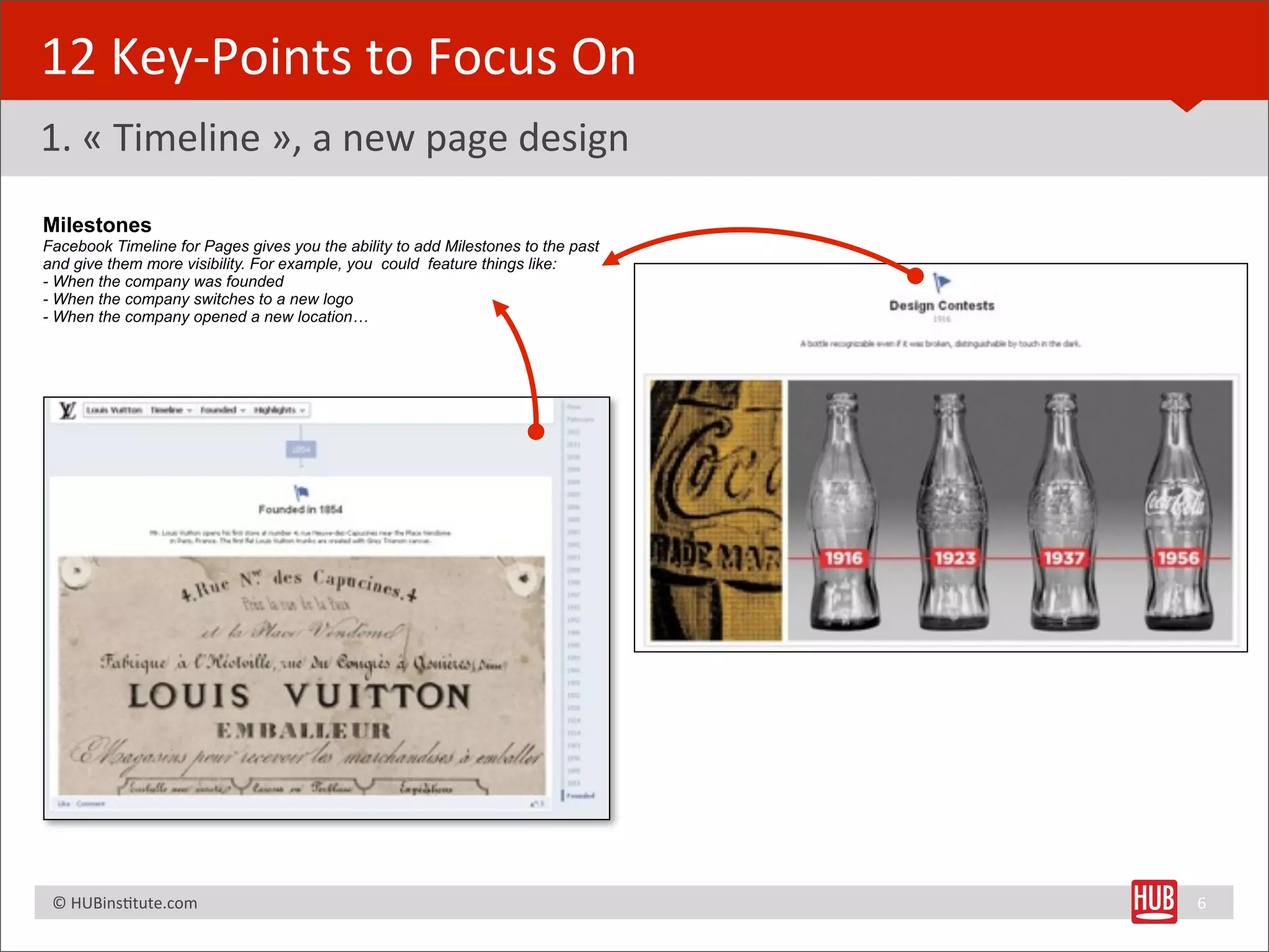 12	
  Key-­‐Points	
  to	
  Focus	
  On
1.	
  «	
  Timeline	
  »,	
  a	
  new	
  page	
  design
Milestones
Facebook Timeline for Pages gives you the ability to add Milestones to the past
and give them more visibility. For example, you could feature things like:
- When the company was founded
- When the company switches to a new logo
- When the company opened a new location…




	
  	
  	
  ©	
  HUBinsBtute.com	
                                                6
 