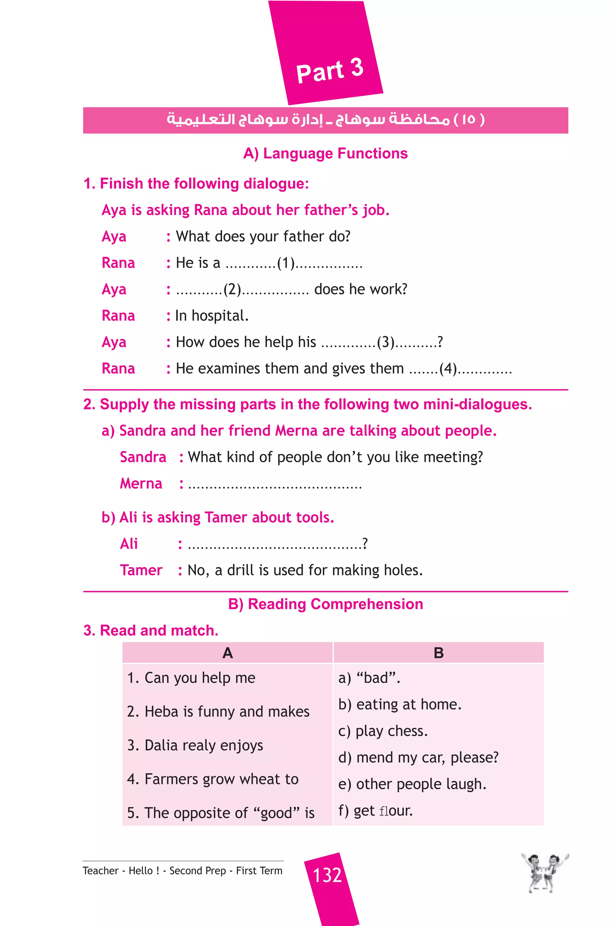 Part 3 
١٥ ) محافظة سوهاج ــ إدارة سوهاج التعليمية ) 
A) Language Functions 
1. Finish the following dialogue: 
Aya is asking Rana about her father’s job. 
Aya : What does your father do? 
Rana : He is a ............(1)................ 
Aya : ...........(2)................ does he work? 
Rana : In hospital. 
Aya : How does he help his .............(3)..........? 
Rana : He examines them and gives them .......(4)............. 
2. Supply the missing parts in the following two mini-dialogues. 
a) Sandra and her friend Merna are talking about people. 
Sandra : What kind of people don’t you like meeting? 
Merna : ......................................... 
b) Ali is asking Tamer about tools. 
Ali : .........................................? 
Tamer : No, a drill is used for making holes. 
B) Reading Comprehension 
3. Read and match. 
A B 
1. Can you help me 
2. Heba is funny and makes 
3. Dalia realy enjoys 
4. Farmers grow wheat to 
5. The opposite of “good” is 
a) “bad”. 
b) eating at home. 
c) play chess. 
d) mend my car, please? 
e) other people laugh. 
f) get flour. 
Teacher - Hello ! - Second Prep - First Term 132 
 