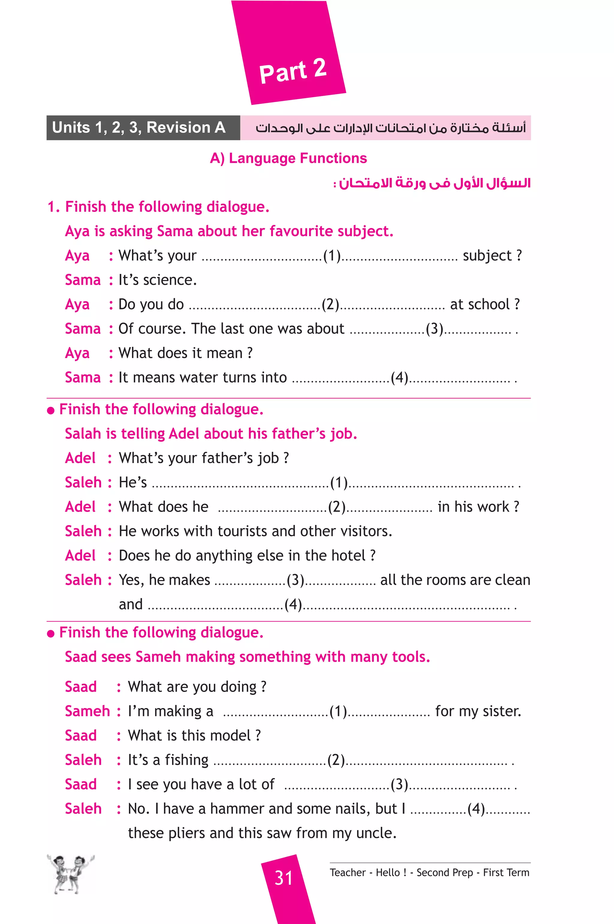 Part 2 
Units 1, 2, 3, Revision A دارات على الوحدات 
 أسئلة مختارة من امتحانات ا 
A) Language Functions 
ول فى ورقة الامتحان : ! السؤال ا 
1. Finish the following dialogue. 
Aya is asking Sama about her favourite subject. 
Aya : What’s your ................................(1)............................... subject ? 
Sama : It’s science. 
Aya : Do you do ...................................(2)............................ at school ? 
Sama : Of course. The last one was about ....................(3).................. . 
Aya : What does it mean ? 
Sama : It means water turns into ..........................(4)........................... . 
● Finish the following dialogue. 
Salah is telling Adel about his father’s job. 
Adel : What’s your father’s job ? 
Saleh : He’s ...............................................(1)............................................ . 
Adel : What does he .............................(2)....................... in his work ? 
Saleh : He works with tourists and other visitors. 
Adel : Does he do anything else in the hotel ? 
Saleh : Yes, he makes ...................(3)................... all the rooms are clean 
and ....................................(4)....................................................... . 
● Finish the following dialogue. 
Saad sees Sameh making something with many tools. 
Saad : What are you doing ? 
Sameh : I’m making a ............................(1)...................... for my sister. 
Saad : What is this model ? 
Saleh : It’s a fishing ..............................(2)........................................... . 
Saad : I see you have a lot of ............................(3)........................... . 
Saleh : No. I have a hammer and some nails, but I ...............(4)............ 
these pliers and this saw from my uncle. 
31 Teacher - Hello ! - Second Prep - First Term 
 