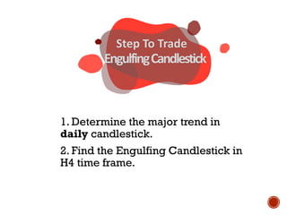 1. Determine the major trend in
daily candlestick.
2. Find the Engulfing Candlestick in
H4 time frame.
Step To Trade
EngulfingCandlestick
 