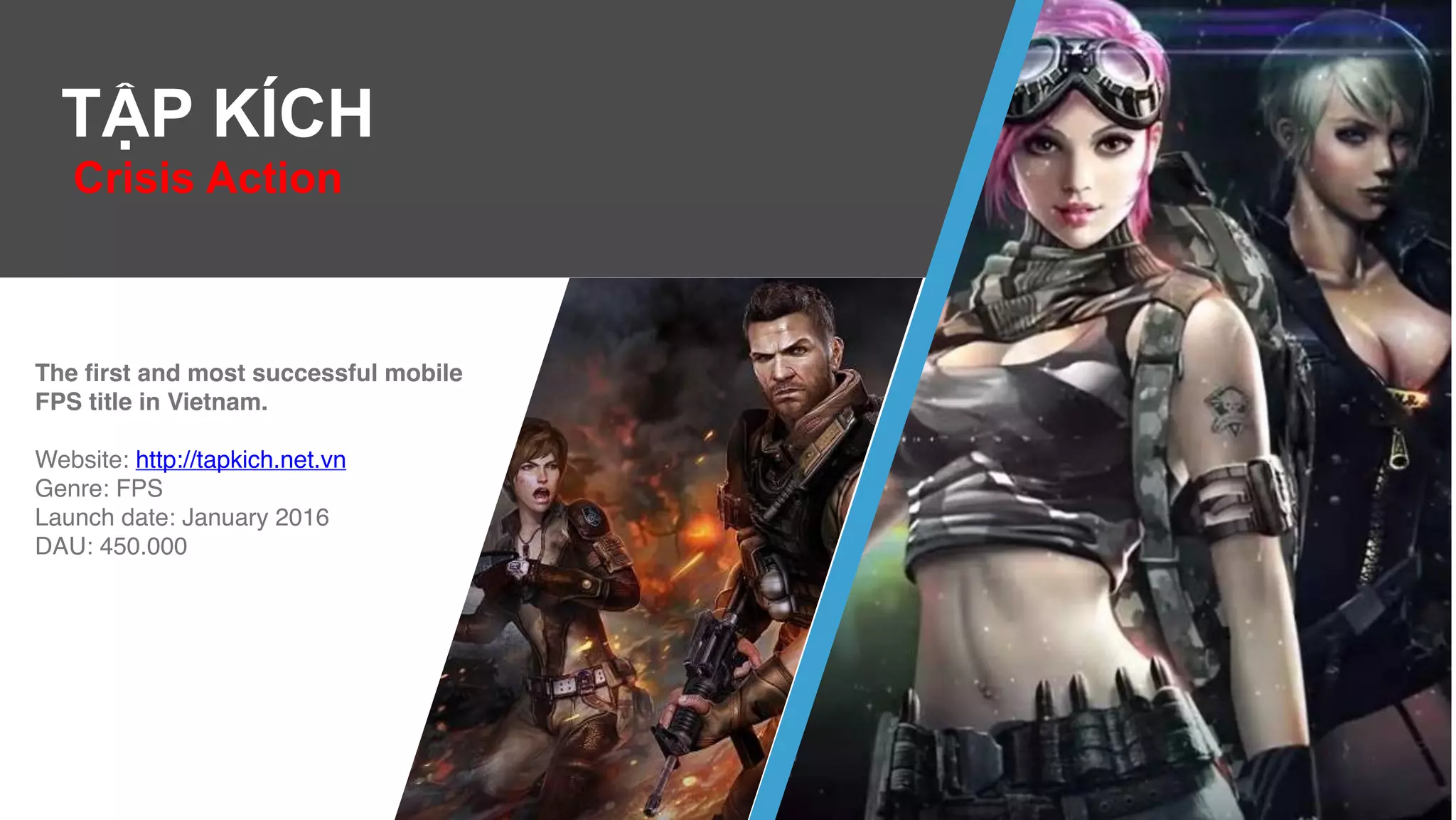 12
TẬP KÍCH
Crisis Action
The first and most successful mobile
FPS title in Vietnam.
Website: http://tapkich.net.vn
Genre: FPS
Launch date: January 2016
DAU: 450.000
 