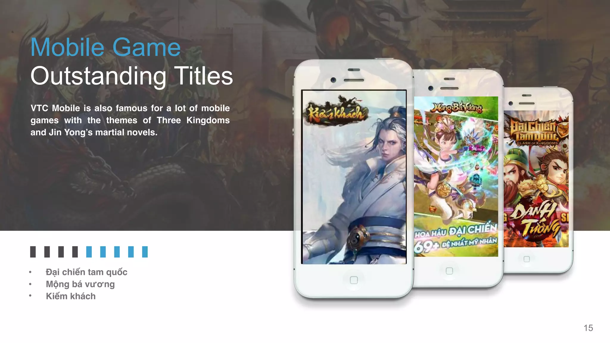15
• Đại chiến tam quốc
• Mộng bá vương
• Kiếm khách
VTC Mobile is also famous for a lot of mobile
games with the themes of Three Kingdoms
and Jin Yong’s martial novels.
Mobile Game
Outstanding Titles
 